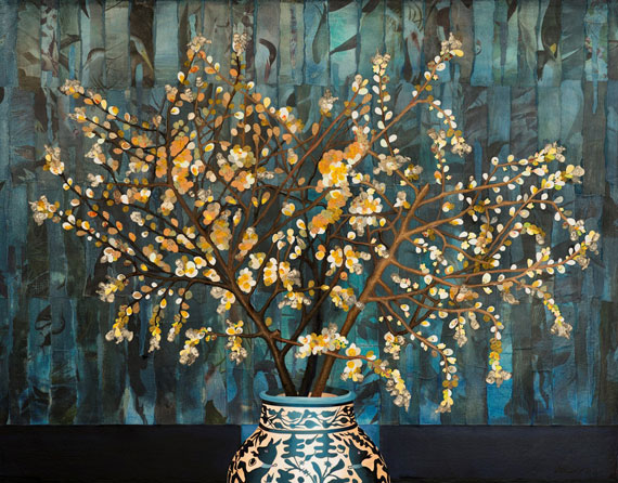 Night Blossoms, Oil on Canvas with Collage, 38” x 48”, 2018
