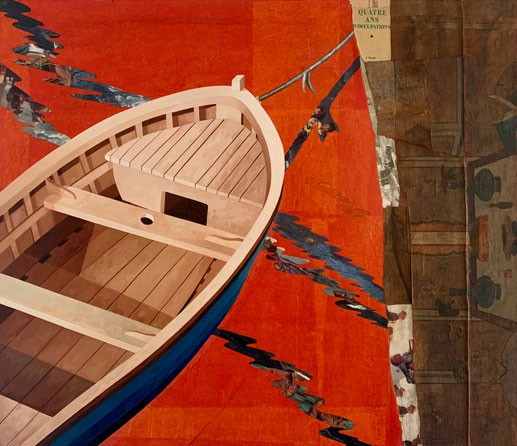 Boat Docked, Oil on Canvas with Collage, 40” x 46”, 2020. Private Collection, Seattle WA