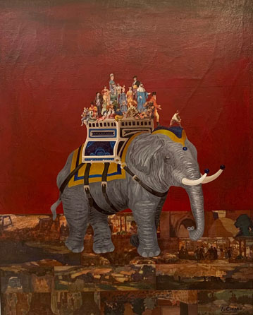 Elephant Caravan, Oil on Canvas with Collage, 24” x 20”, 2020. Private Collection, Seattle WA