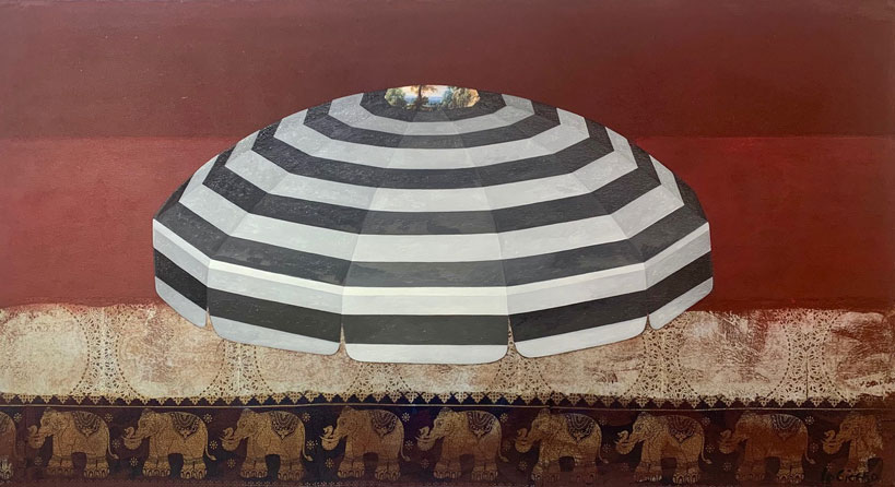 Shelter, Oil on Canvas with Collage, 28” x 52”, 2020 Private Collection, San Francisco, CA