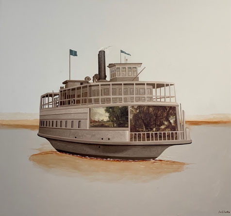 Ferry Boat, Oil on Canvas with Collage, 33” x 36”
