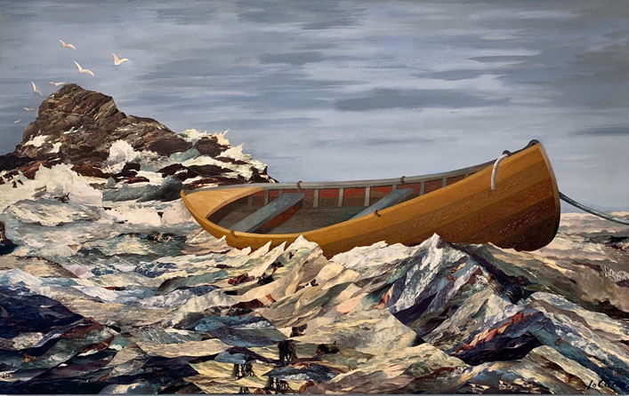 Running Aground, Oil on Canvas with Collage, 34” x 54”  Private Collection, Seattle WA