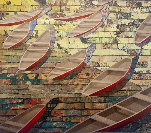 Sampans in Formation, Oil on Canvas with Collage, 40” x 46”