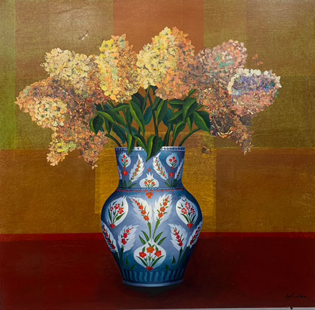 Butterfly Vase, Oil on Canvas with Collage 42” x 44”